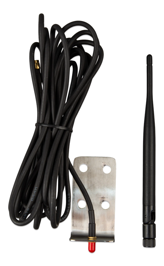 Antenna kit with cable, bracket, and small black antenna on a white background