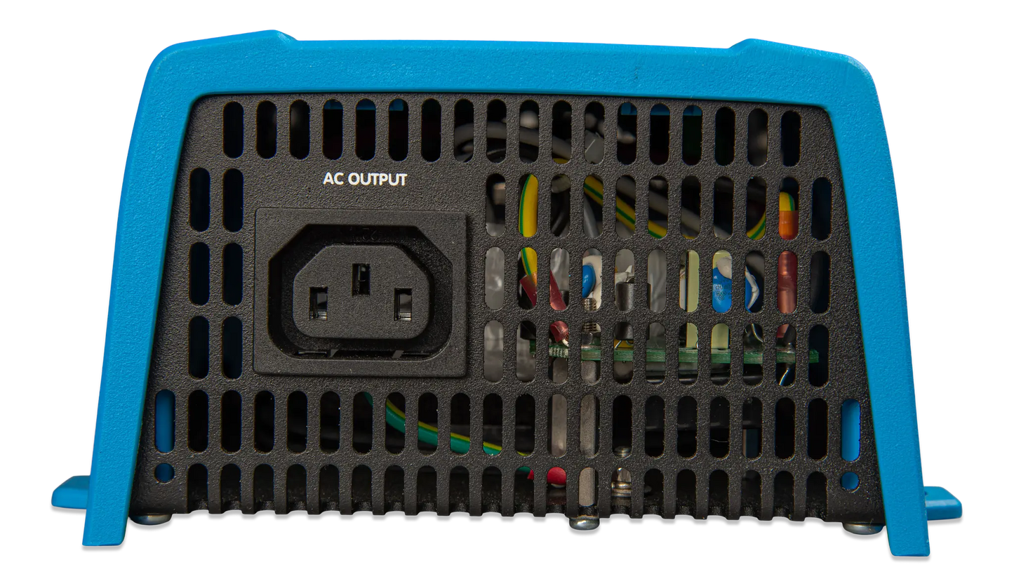 Power inverter with blue frame and black output section on a white background