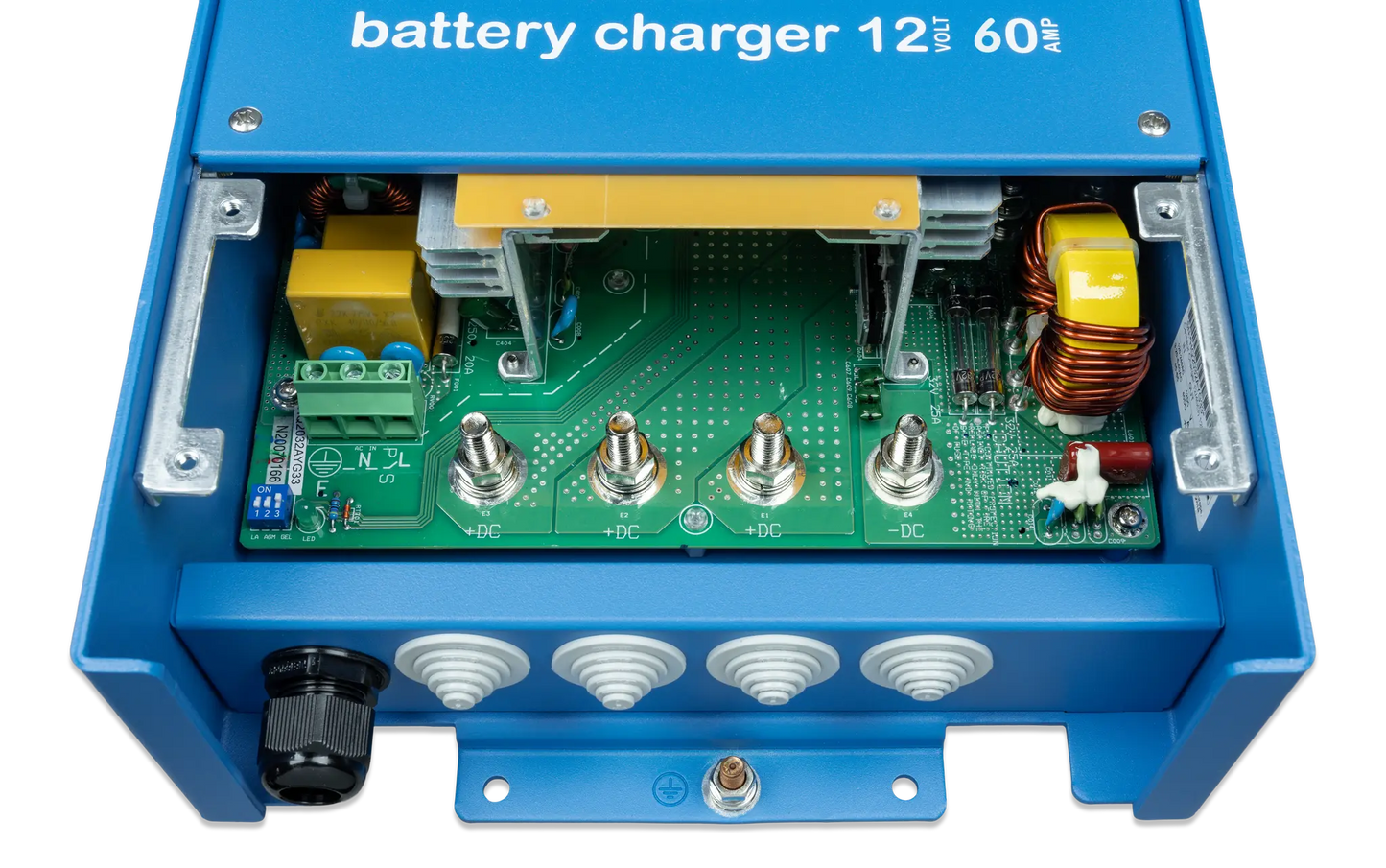 Battery charger with electronic components on a blue background
