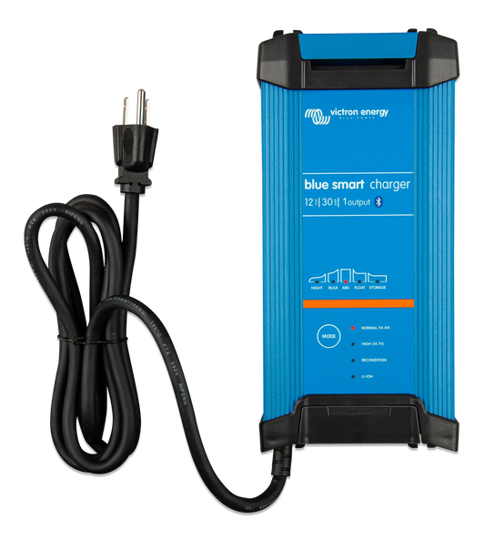 Blue smart charger with power cord on a white background