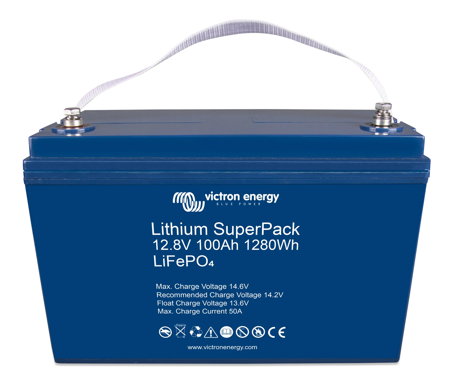 Blue lithium superpack battery with Victron Energy branding on a white background