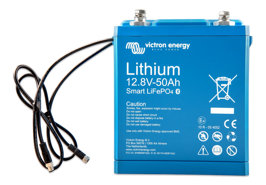 Blue lithium battery with cables on a white background, featuring Victron Energy branding.
