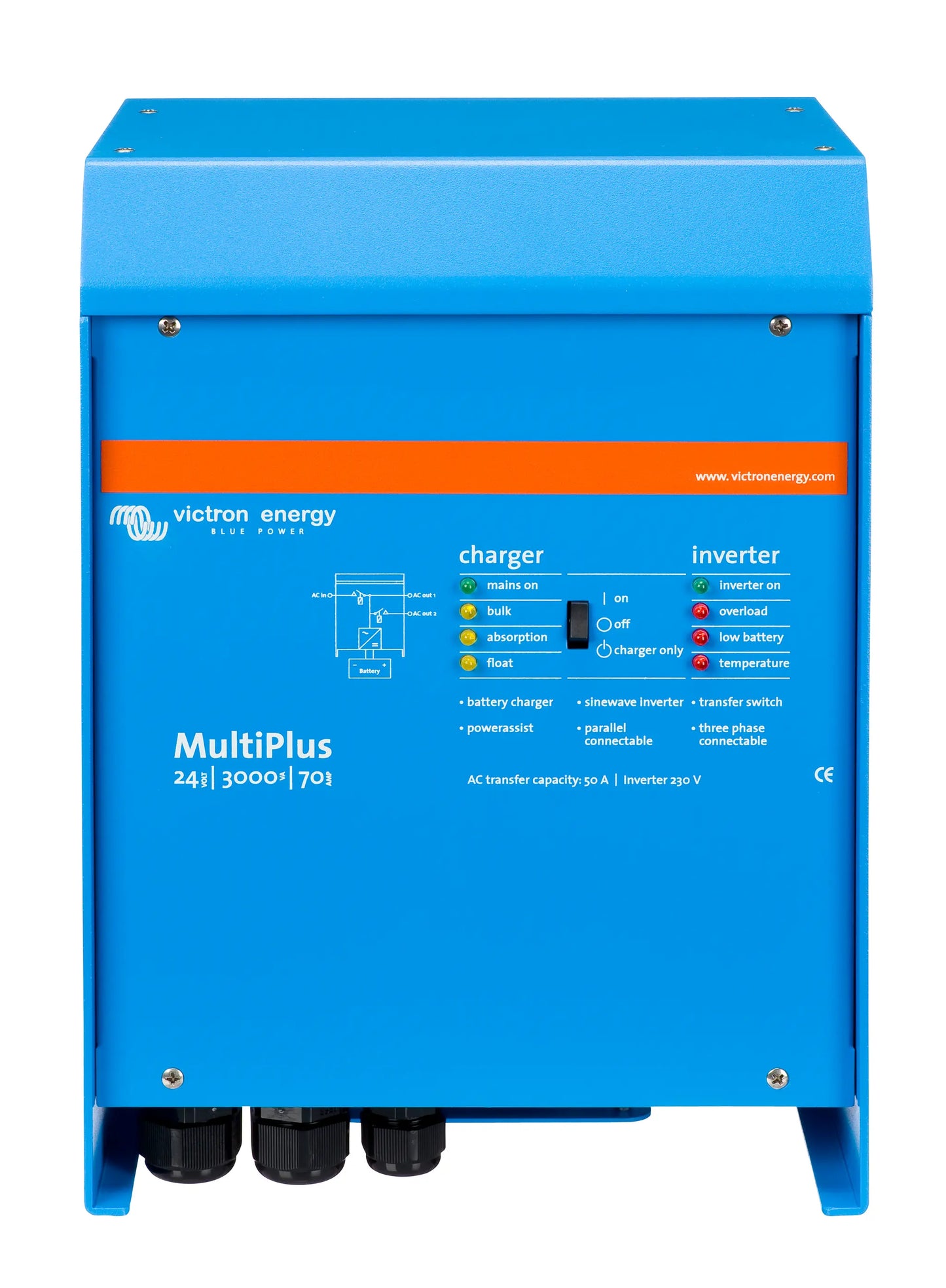 Blue Victron Energy MultiPlus charger and inverter on a white background