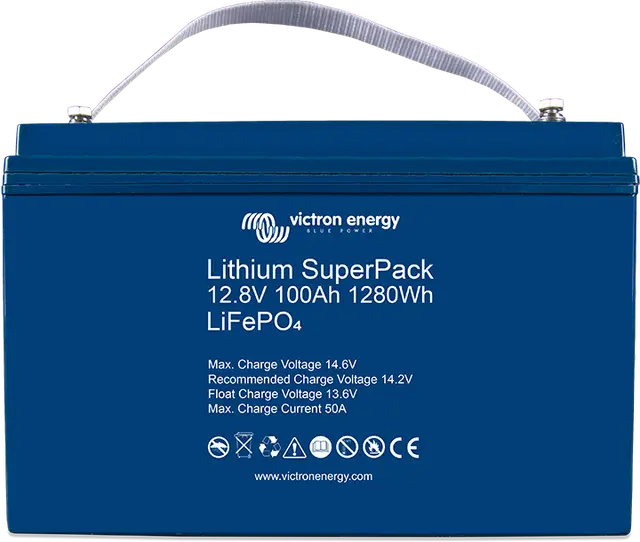 Blue lithium superpack battery with Victron Energy branding on a white background