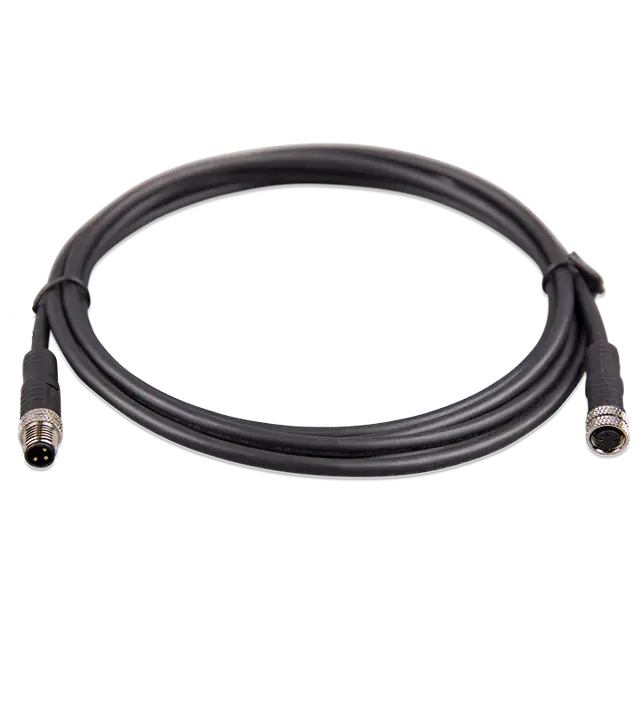 Coiled black cable with connectors on a white background