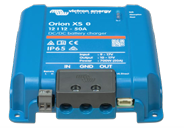 Blue power converter with multiple outlets on a white background