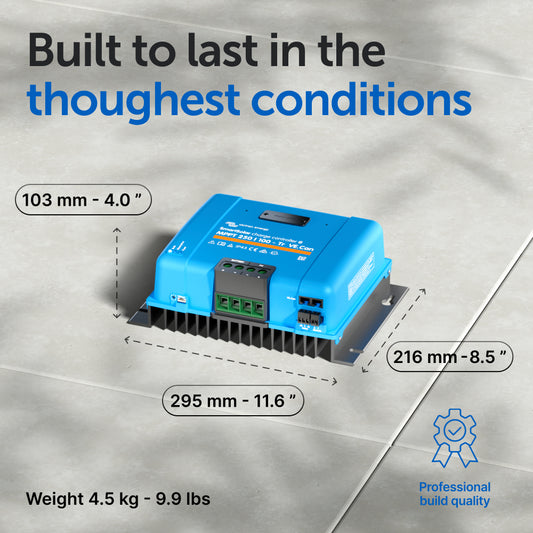 Blue electronic device with dimensions and weight information on a gray background