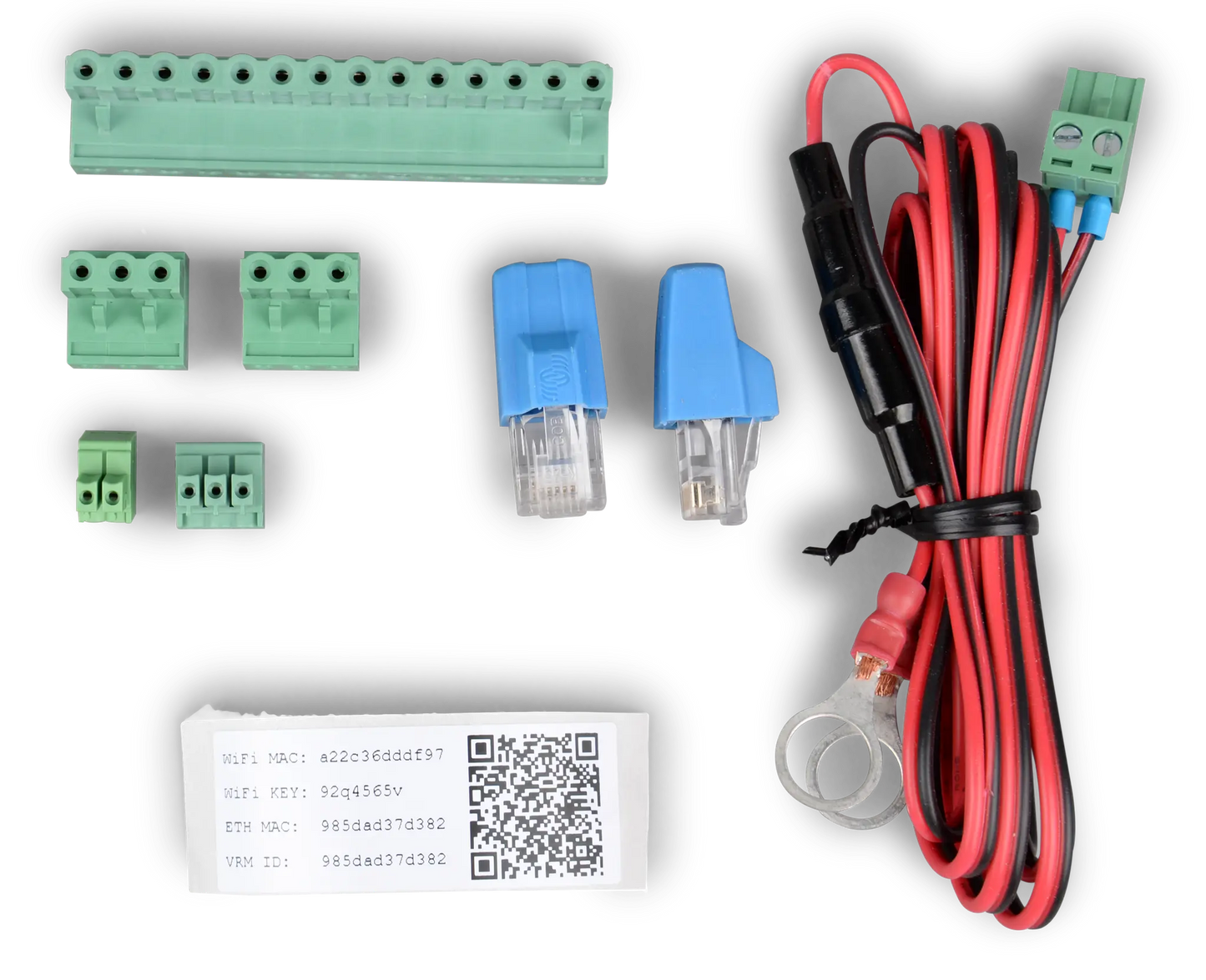 Electrical components including connectors and wiring on a white background