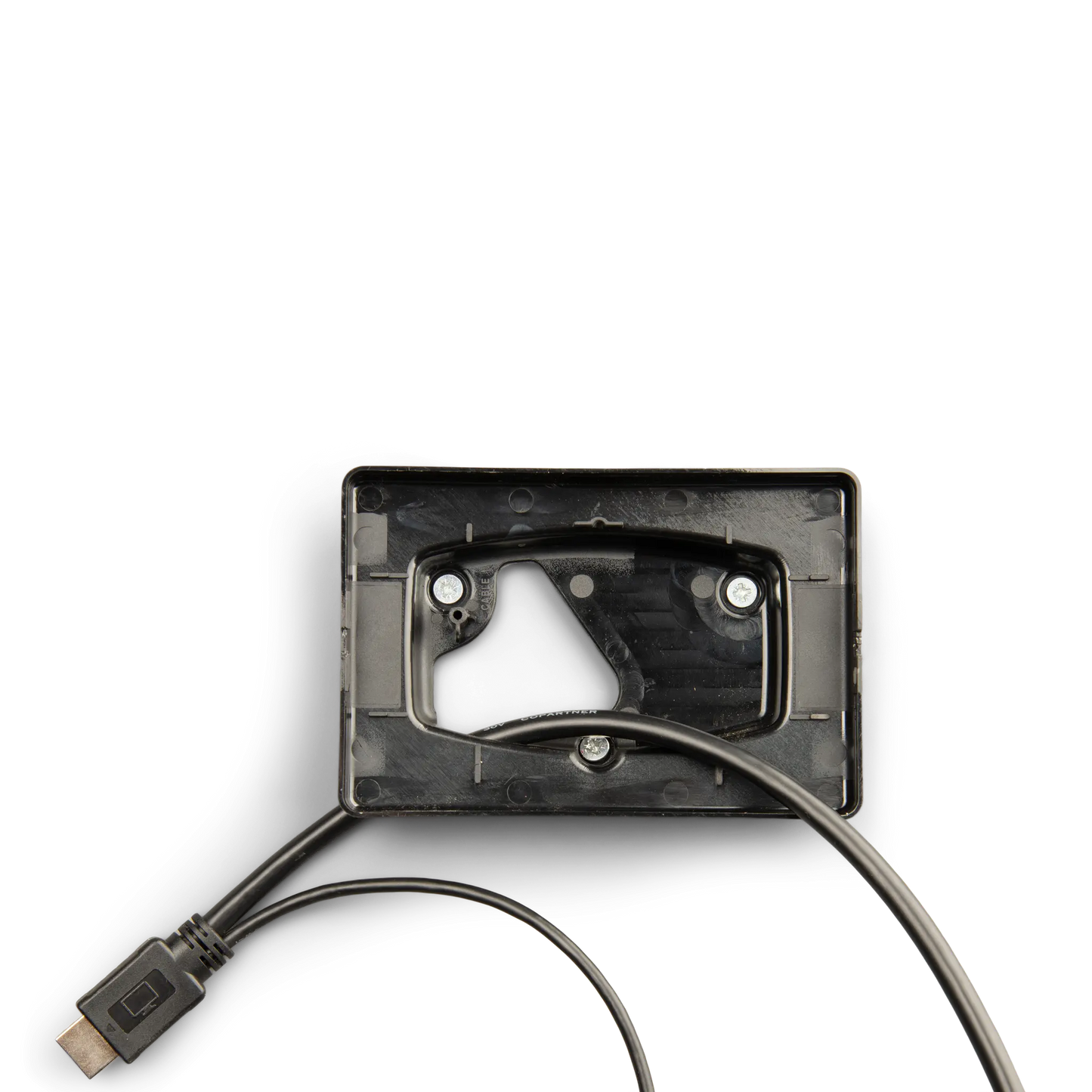 Black rectangular device with a cable on a white background
