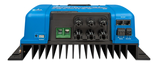 Blue power inverter with multiple connectors on a white background