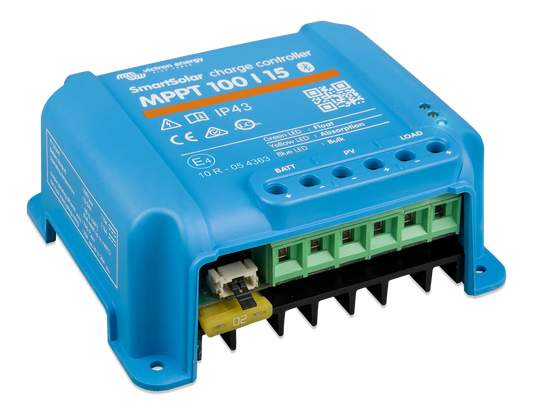 Blue solar charge controller with visible branding on a white background