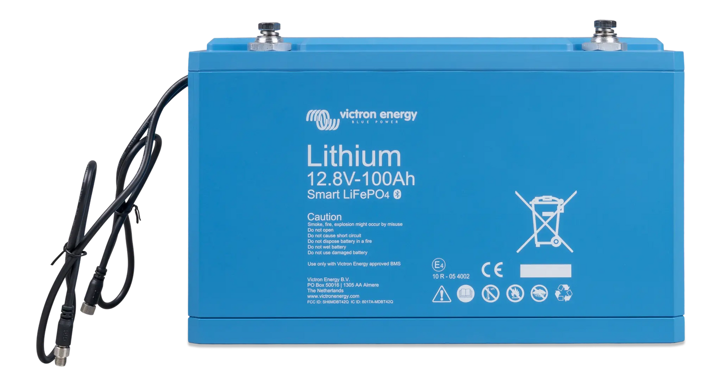 Blue lithium battery with visible branding on a white background