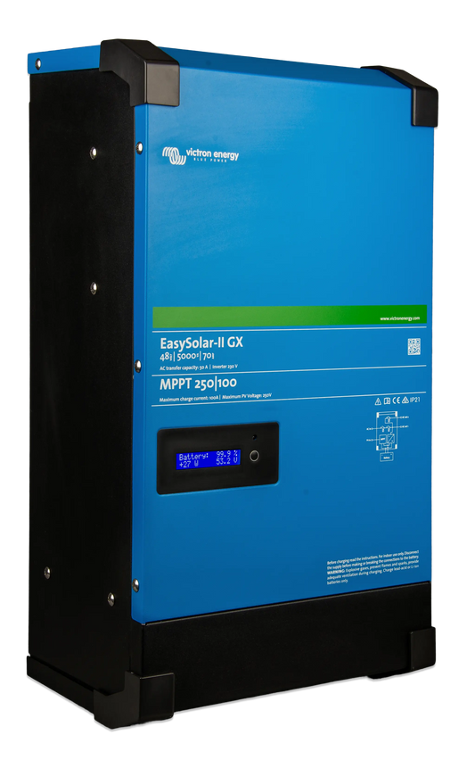 Blue and black power inverter with digital display on a white background