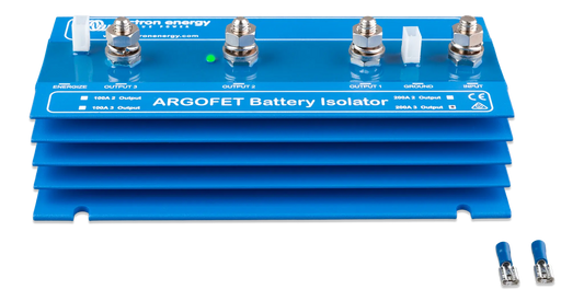 ARGOFET Battery Isolator with blue casing and silver connectors on a white background