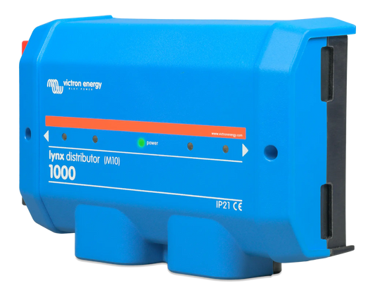Blue Victron Energy power inverter on a white background