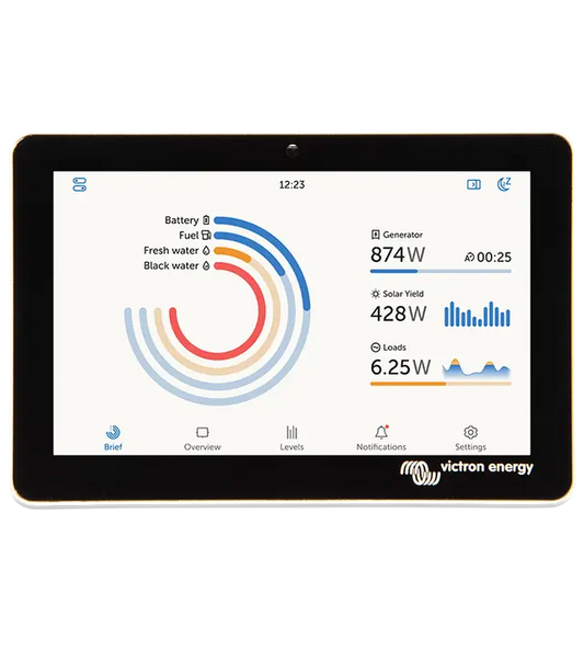 Digital display showing energy statistics with Victron Energy logo