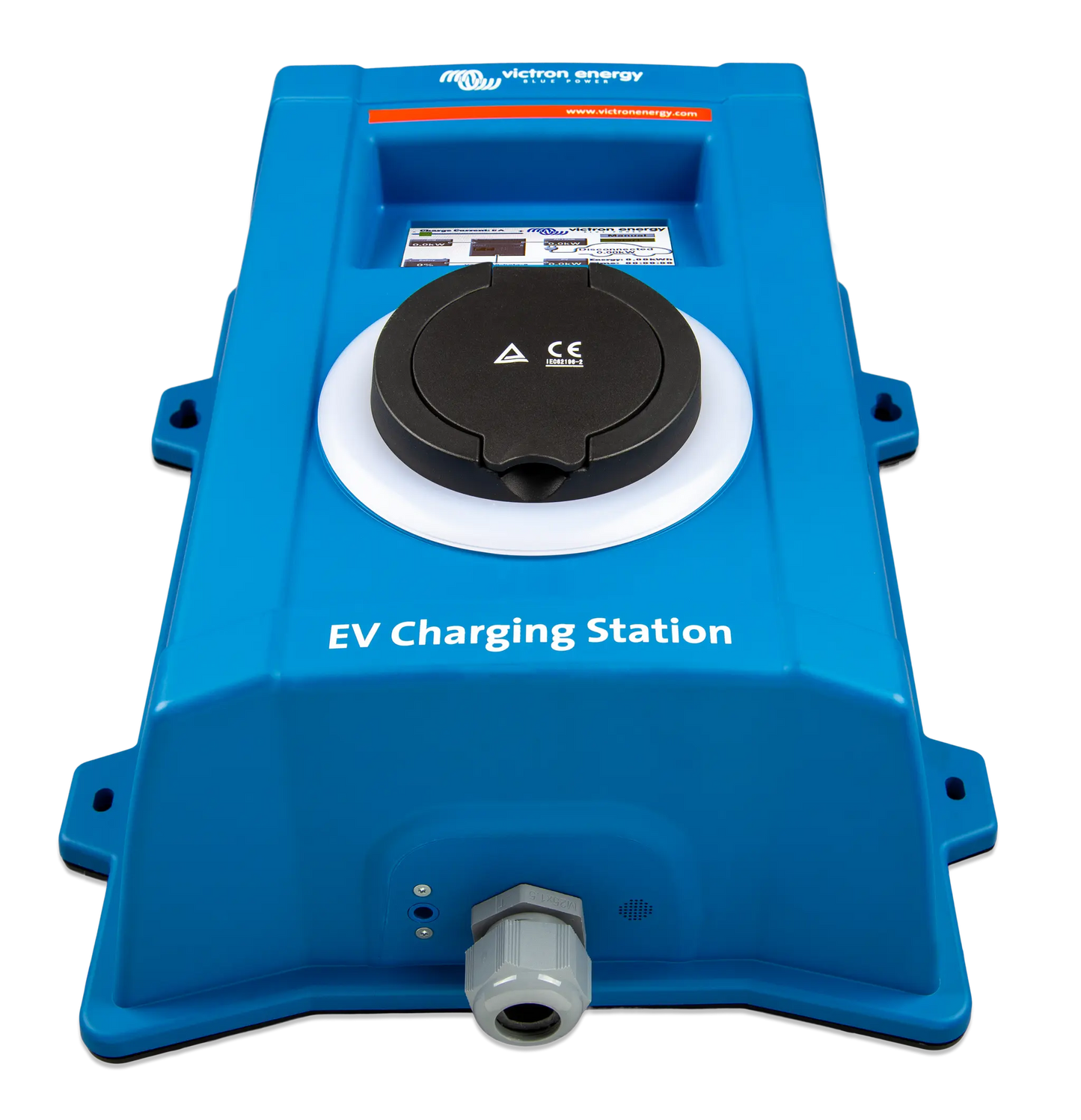 Blue EV charging station with a white background
