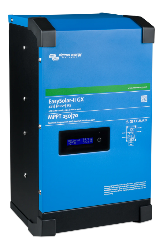 Blue Victron Energy EasySolar-II GX battery charger on a white background