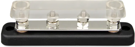Black fuse block with clear cover on a white background