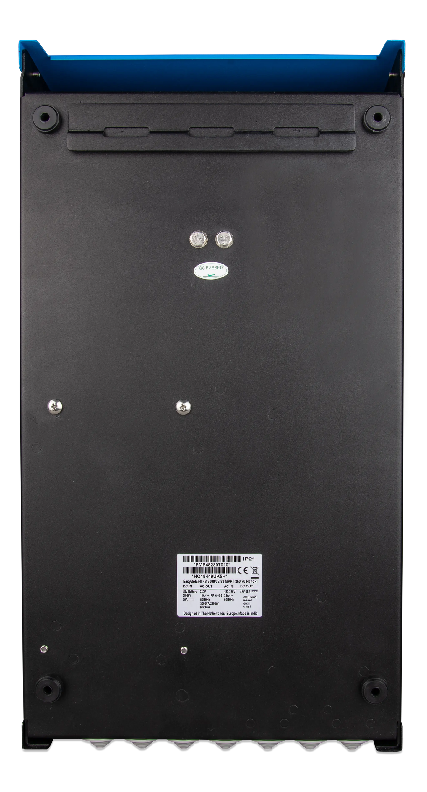 Back view of a black electronic device with blue top on a white background