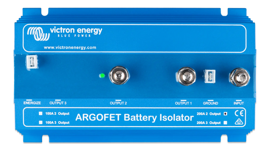 Blue battery isolator with Victron Energy branding on a white background