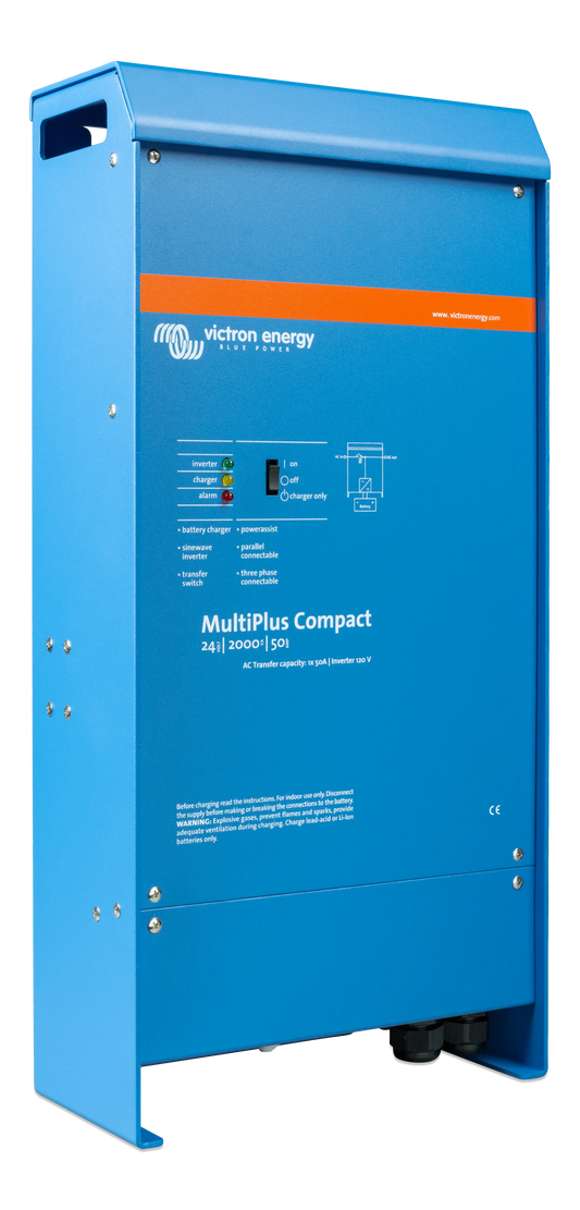 Blue electrical power conditioner with 'Victron Energy' branding on a white background