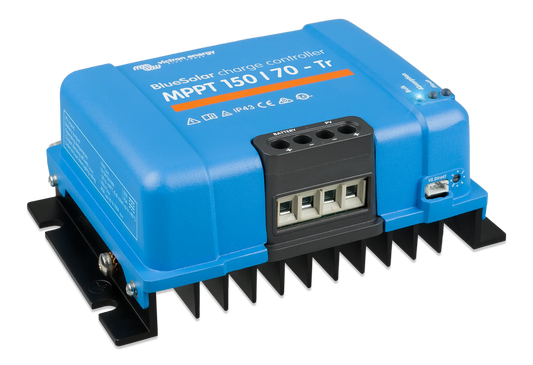 Blue solar charge controller with text on a white background