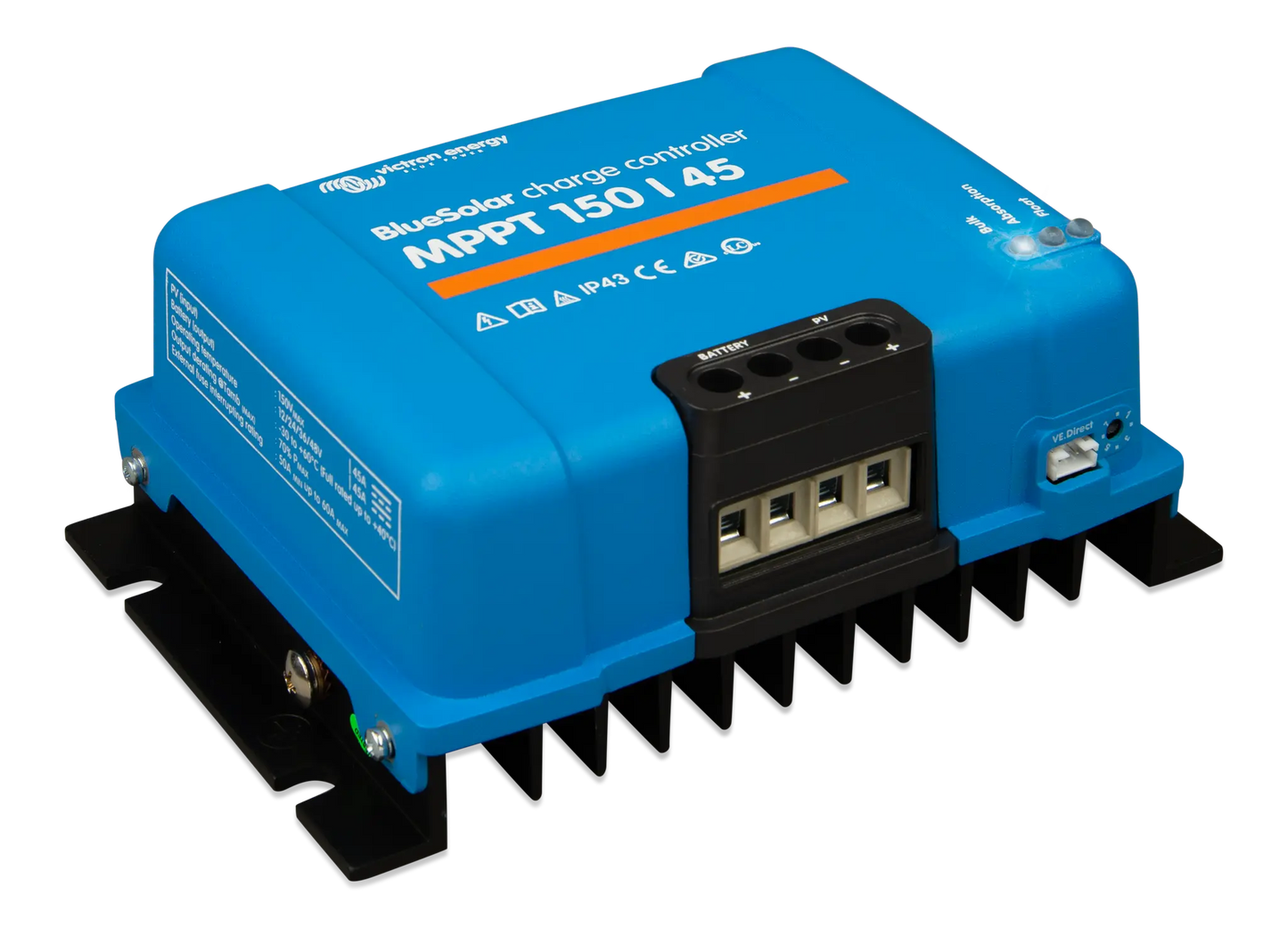 Blue solar charge controller with black connectors on a white background