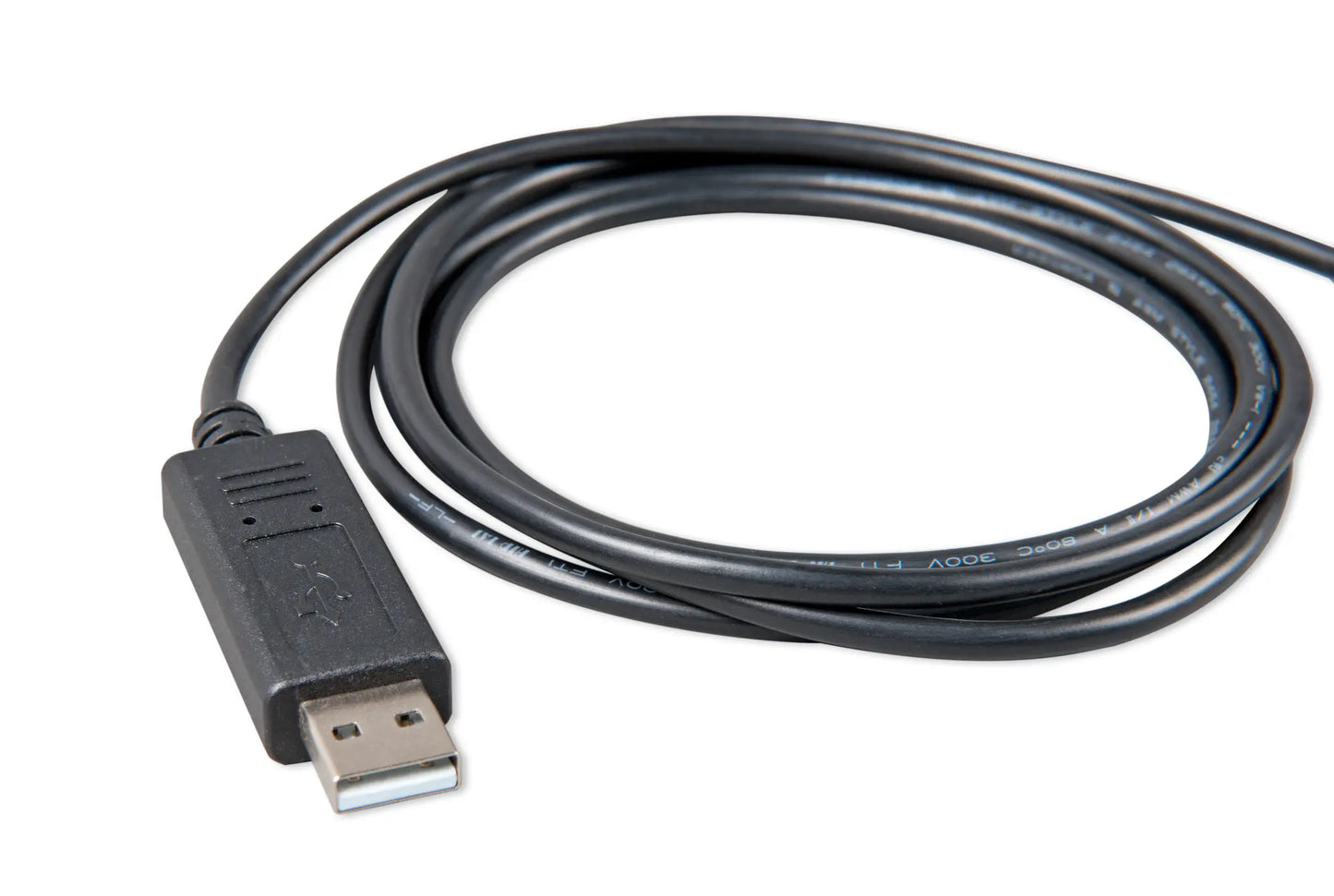 Black USB cable on a white background