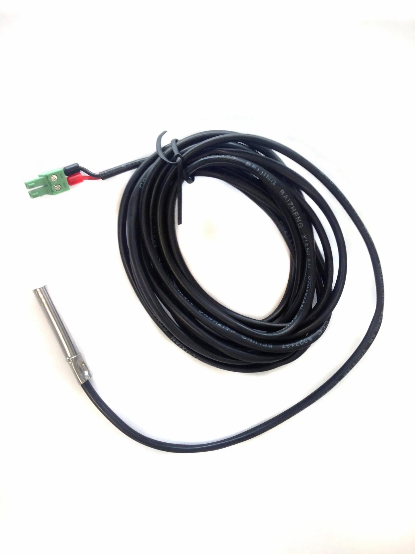 Thermocouple with black cable on a white background