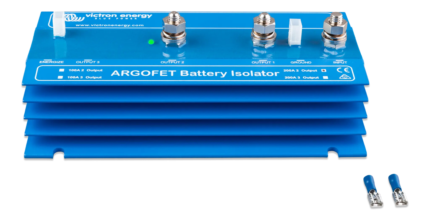 ARGOFET Battery Isolator with blue casing and connectors on a white background