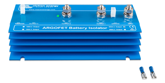 ARGOFET Battery Isolator with blue casing and connectors on a white background