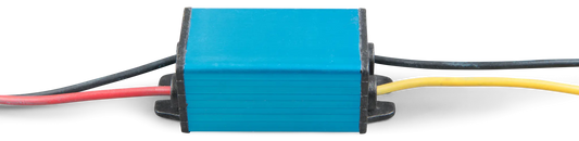 Small electronic component with blue casing and wires on a white background