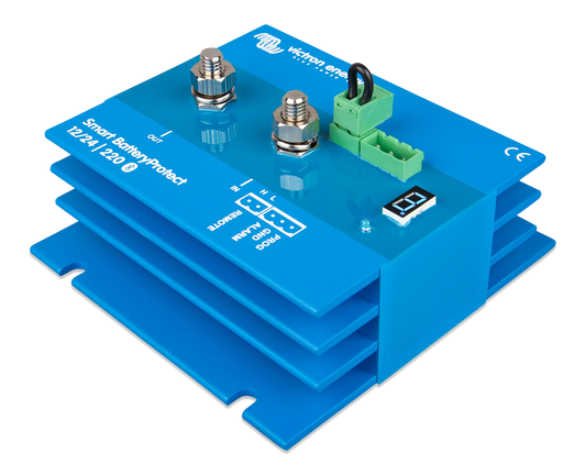 Blue electronic module with connectors on a white background