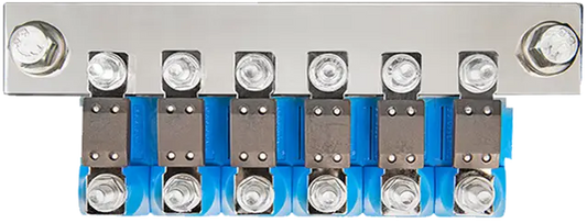 Metal electrical connector with multiple sockets on a blue background