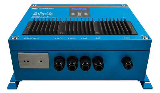 Blue power inverter with multiple connectors on a white background