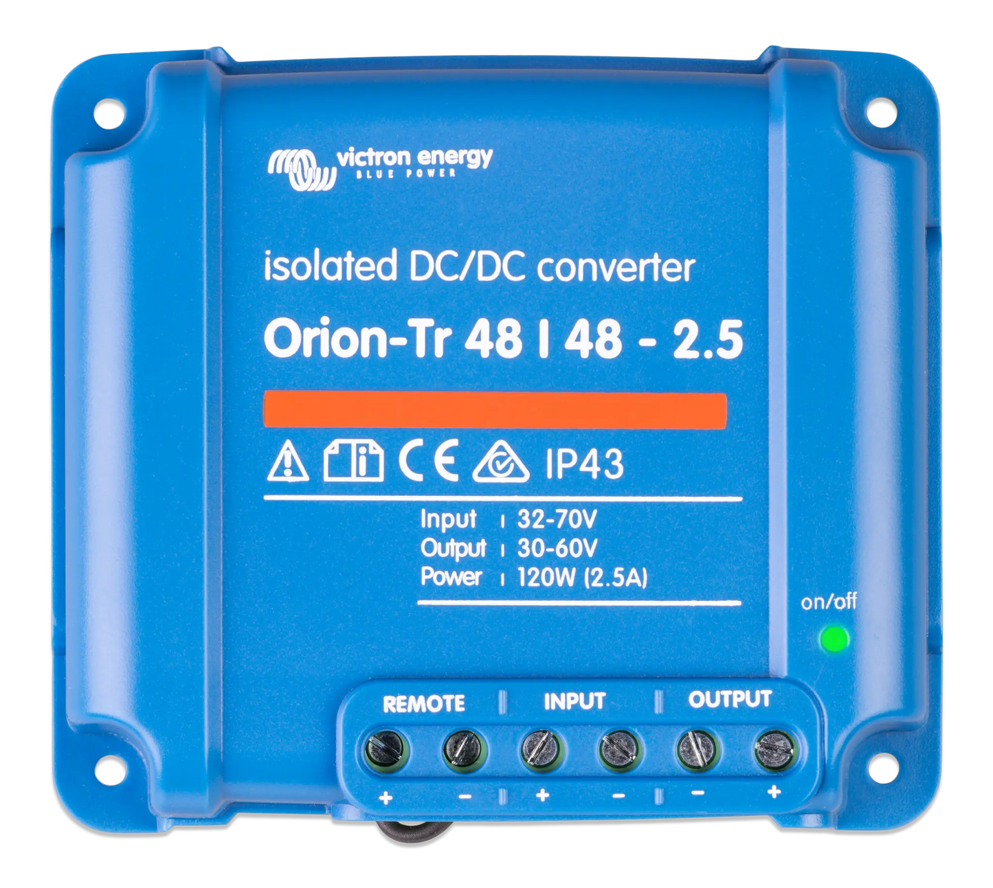 Blue isolated DC/DC converter with Victron Energy branding on a white background
