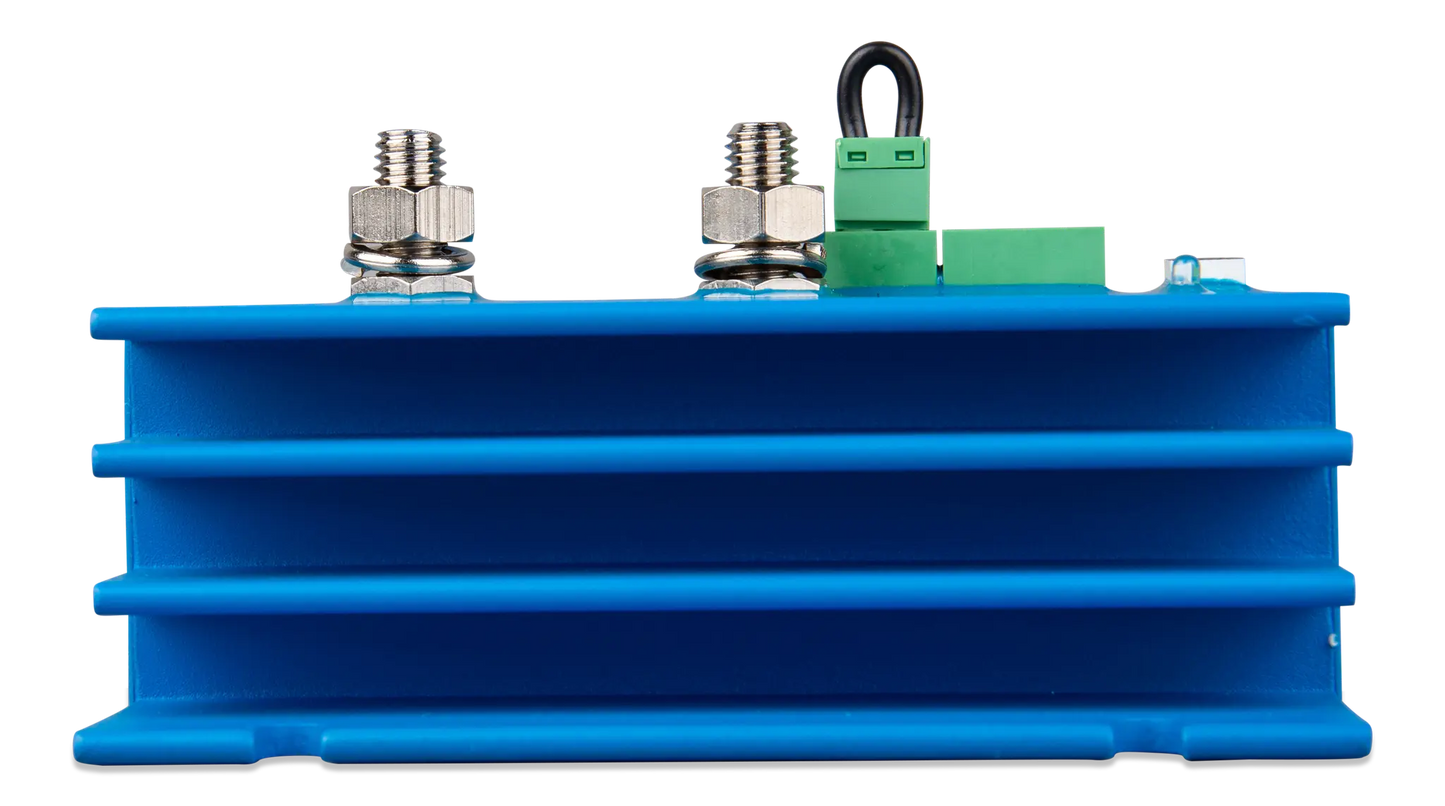 Blue electronic component with connectors on a white background