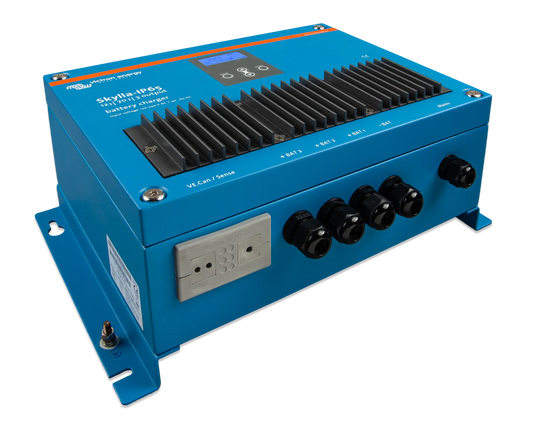 Blue power converter with control panel on a white background