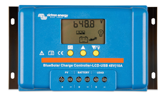 Blue solar charge controller with digital display on a white background