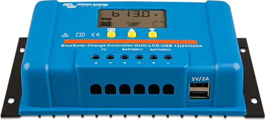 Blue solar charge controller with digital display on a white background