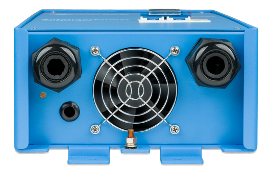 Blue electronic device with a fan and connectors on a white background