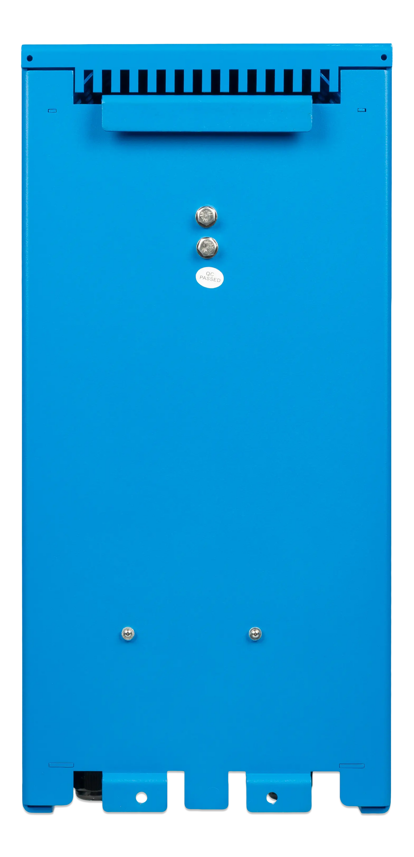 Blue metal box with ventilation slots and buttons on a white background