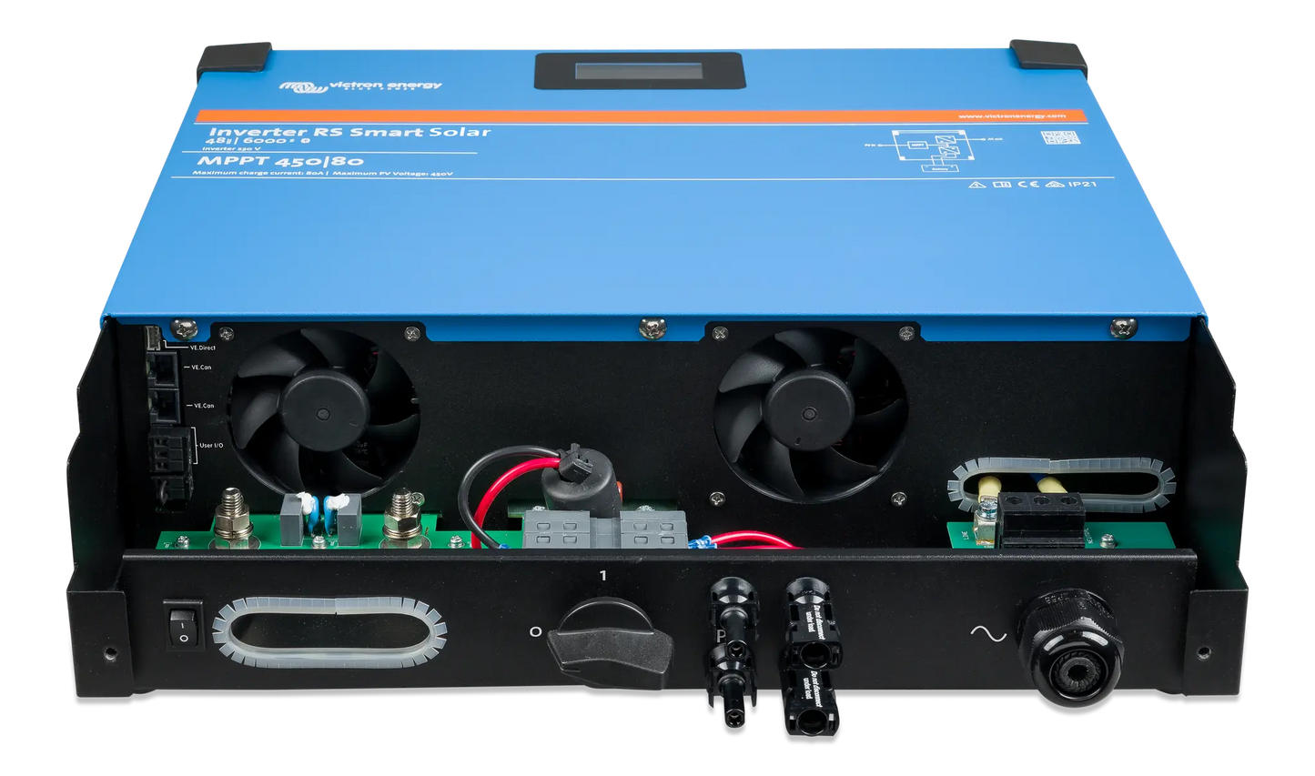 Blue and black power inverter with visible branding on a white background