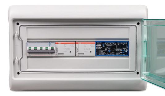 Electrical panel box with labels on a white background