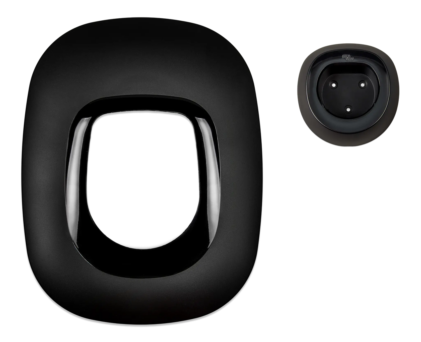 Black airplane window seat cover with a close-up of the seat pocket on a white background