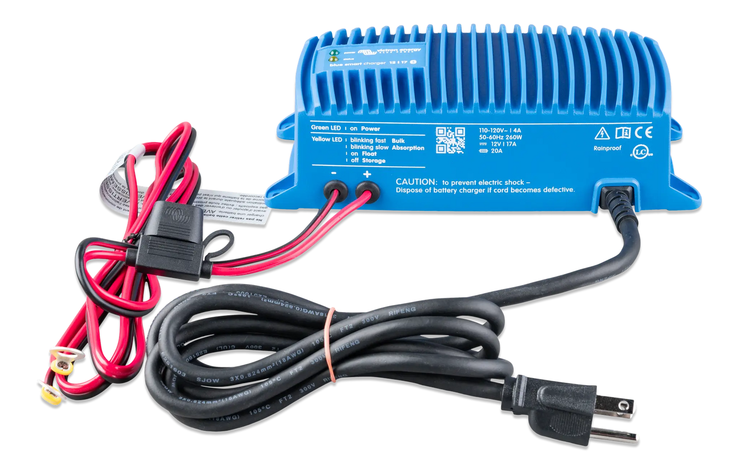 Blue power converter with wiring and plug on a white background
