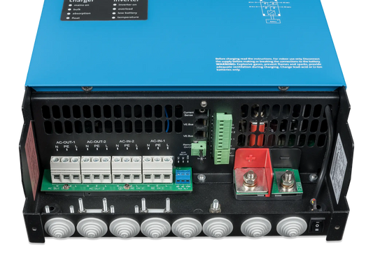 Back view of a power inverter with labeled components on a white background