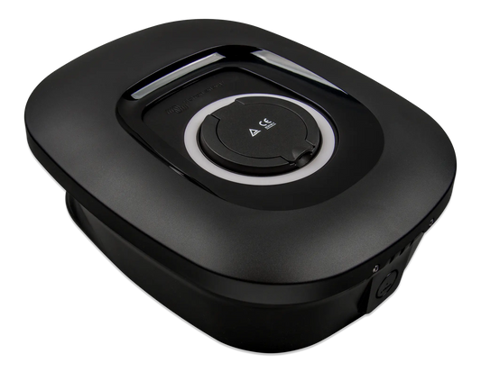 Black electronic device with circular component on a white background