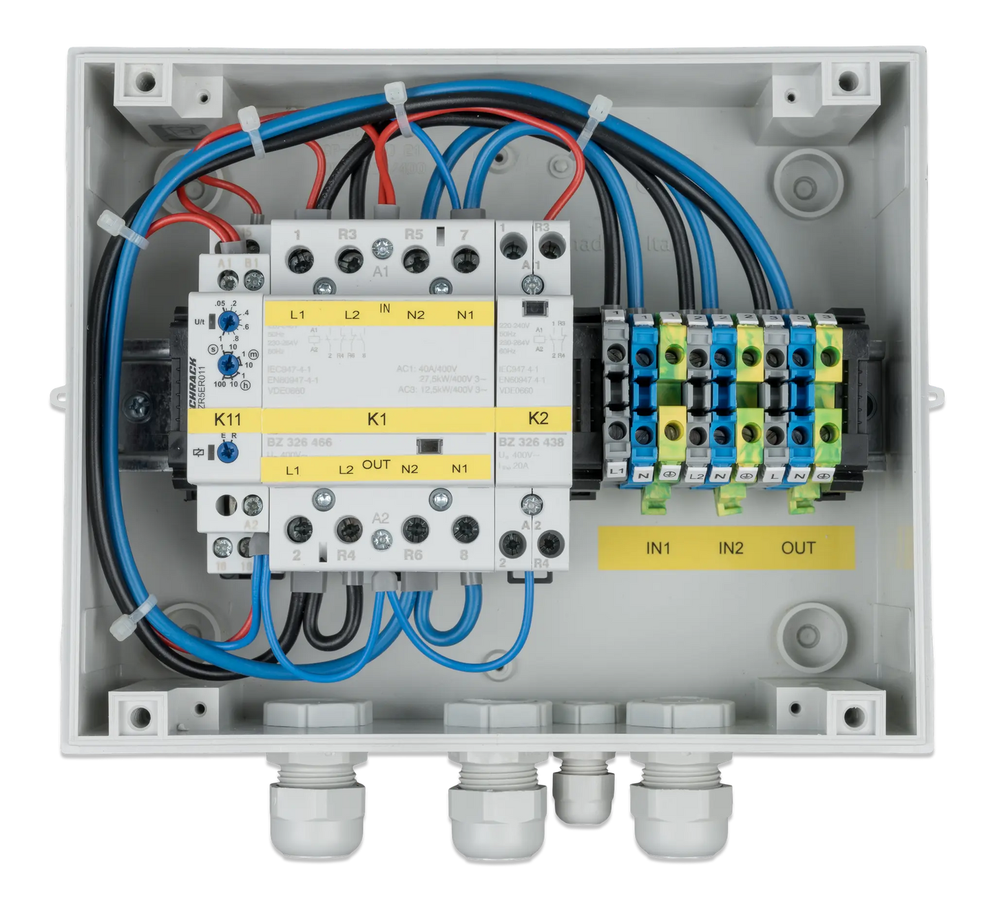 Electrical panel with wiring and components on a white background